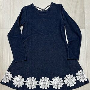 Navy Blue Kids Casual Dress with White Floral Hem